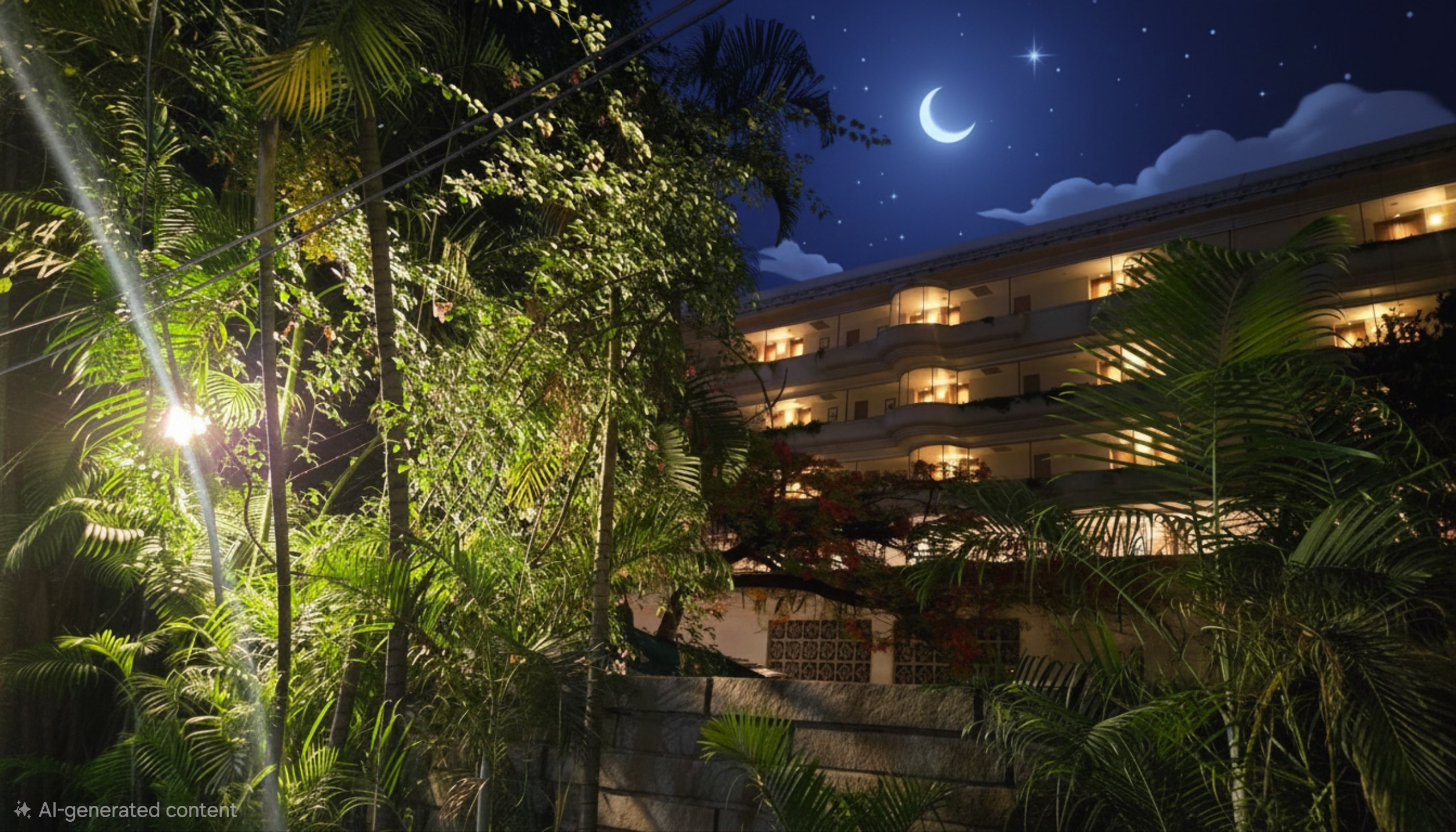 A lush garden surrounding a glowing building beneath a moonlit sky
